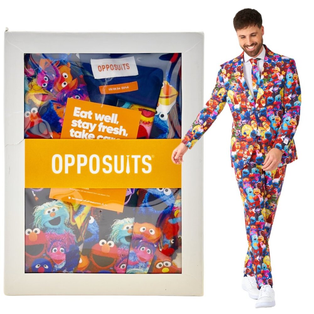 OppoSuits Sesame Street Multi Colored Suit Set Jacket Pants Tie Slim Size 36 NEW
